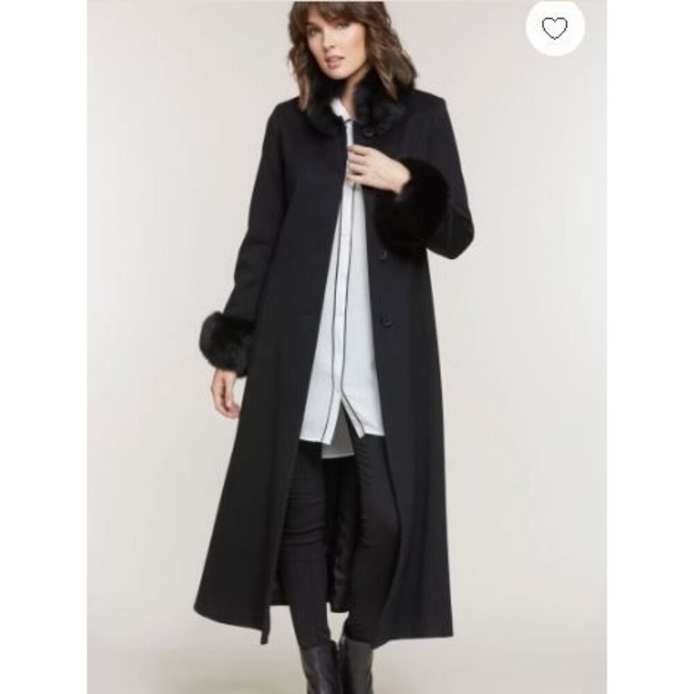 Forecaster Of Boston Women's Black Lambswool Long Coat With Fur Trim Size 6 235 - Picture 4 of 16